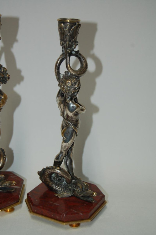 Pair De Flambeaux En Bronze Argenté Dlg de Corneille Van Clève