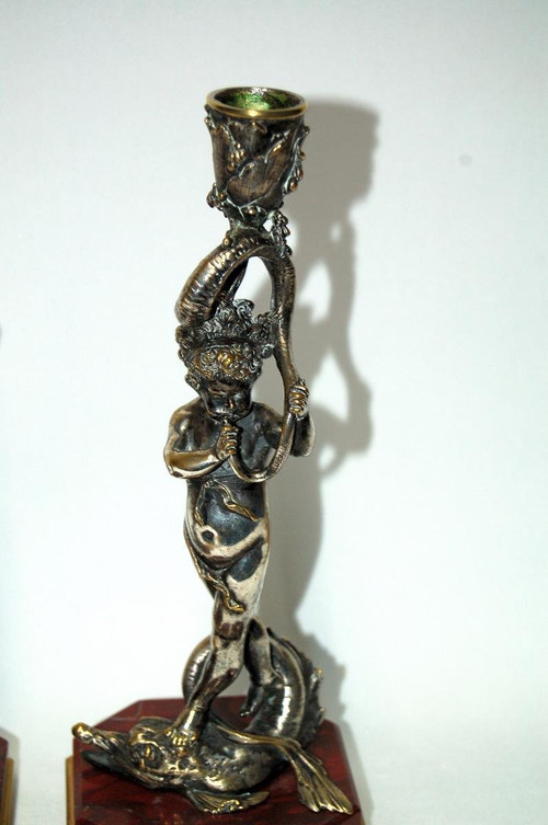 Pair De Flambeaux En Bronze Argenté Dlg de Corneille Van Clève