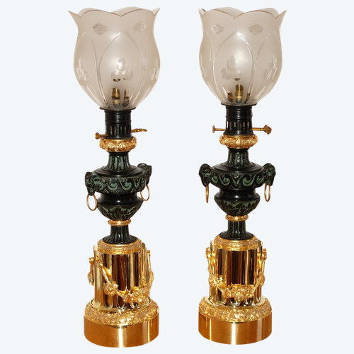 Important Pair Of Gilded Bronze Mercury Lamps 19th Century