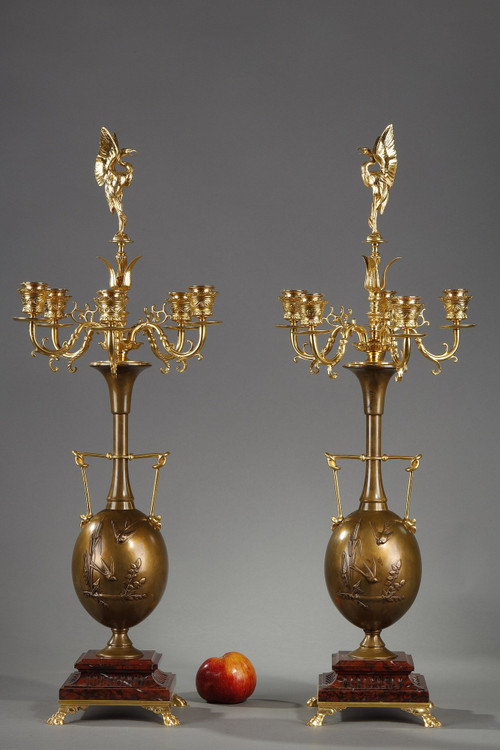 PAIR OF CANDELABRAS IN GILDED BRONZE