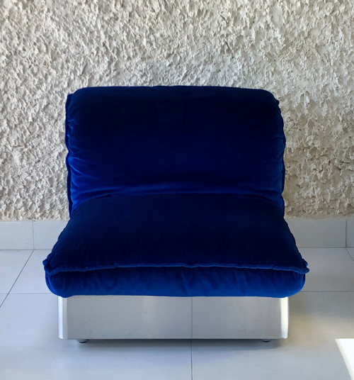 Divano modulare a 7 posti in acciaio inossidabile e velluto blu reale, Francia anni '70