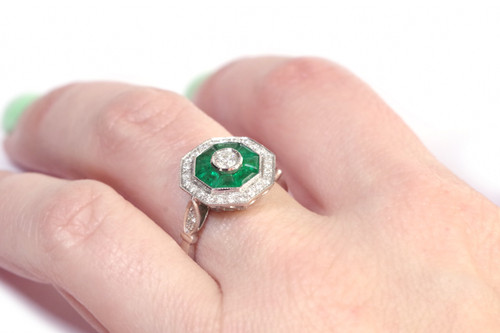 Anello con diamanti smeraldo in stile Art Déco in oro 18 carati, anello vintage, anello di seconda mano, matrimonio