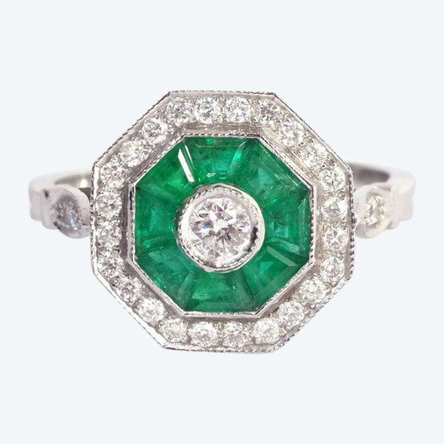 Anello con diamanti smeraldo in stile Art Déco in oro 18 carati, anello vintage, anello di seconda mano, matrimonio