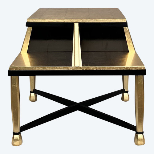 Important Art Deco Pedestal Table In Golden Wood And Black Lacquer