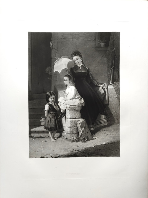 Etching Woman And Children Engraving After Brochart 19th C Old Print