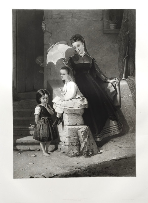 Etching Woman And Children Engraving After Brochart 19th C Old Print
