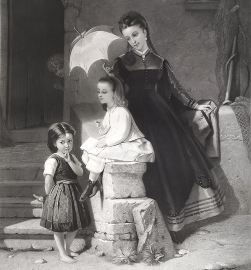 Etching Woman And Children Engraving After Brochart 19th C Old Print