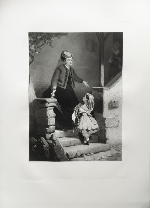 Etching Woman And The Little Girl 19th C Engraving After Brochart Old Print
