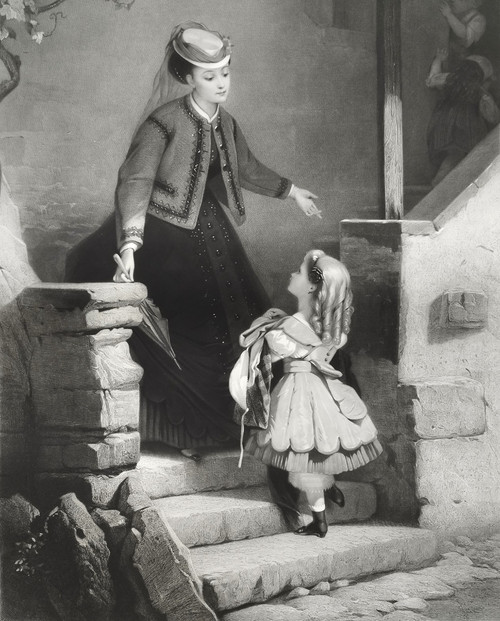 Etching Woman And The Little Girl 19th C Engraving After Brochart Old Print