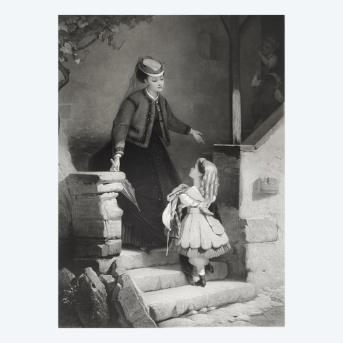 Etching Woman And The Little Girl 19th C Engraving After Brochart Old Print