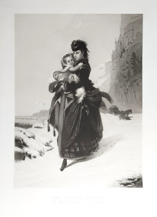 Mountain Snow Woman Child Dog Engraving After Brochart 19th C Old Print