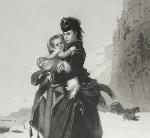 Mountain Snow Woman Child Dog Engraving After Brochart 19th C Old Print
