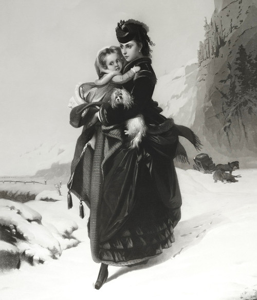 Mountain Snow Woman Child Dog Engraving After Brochart 19th C Old Print
