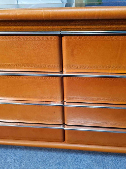 Commode Gainée De Cuir à Plateau En Opaline 70's