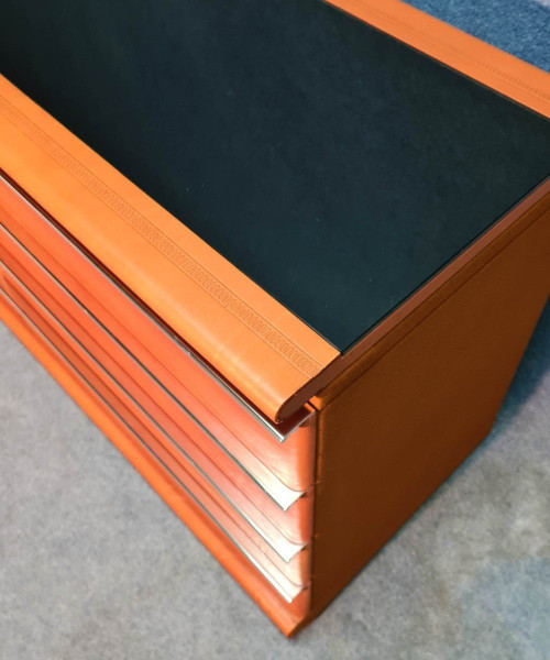 Commode Gainée De Cuir à Plateau En Opaline 70's