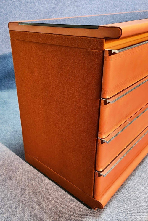 Commode Gainée De Cuir à Plateau En Opaline 70's