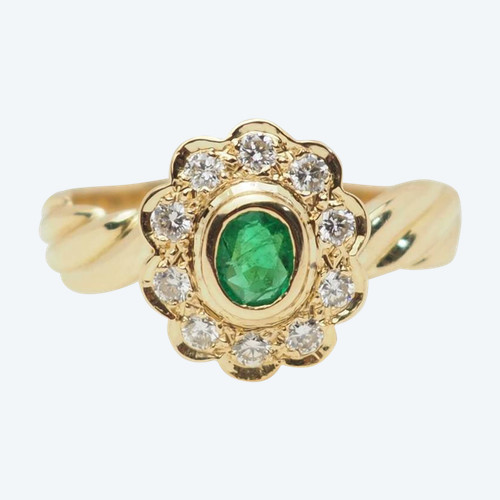 Bague marguerite en or jaune, émeraude et diamants