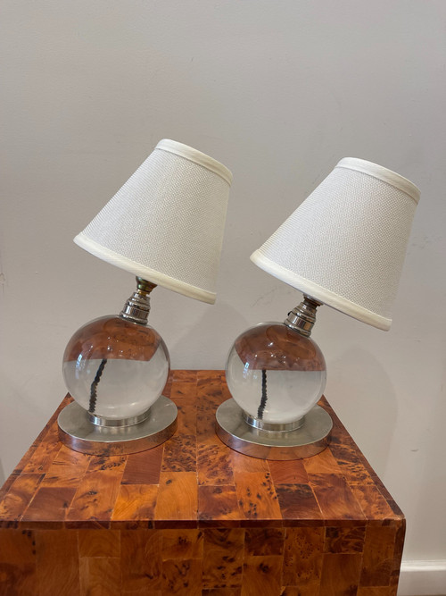  Coppia di lampade a sfera in cristallo, Jacques ADNET (1900-1984) per BACCARAT