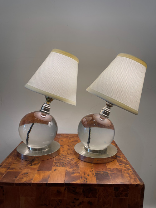  Coppia di lampade a sfera in cristallo, Jacques ADNET (1900-1984) per BACCARAT