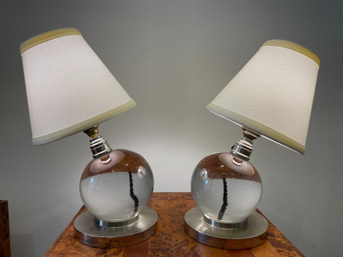  Coppia di lampade a sfera in cristallo, Jacques ADNET (1900-1984) per BACCARAT