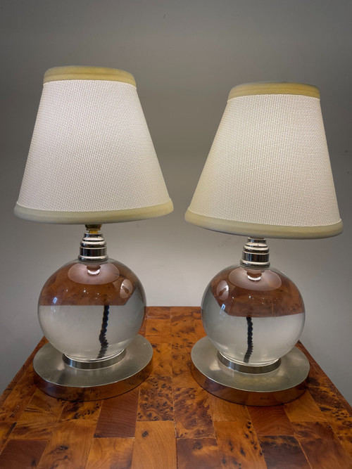  Coppia di lampade a sfera in cristallo, Jacques ADNET (1900-1984) per BACCARAT