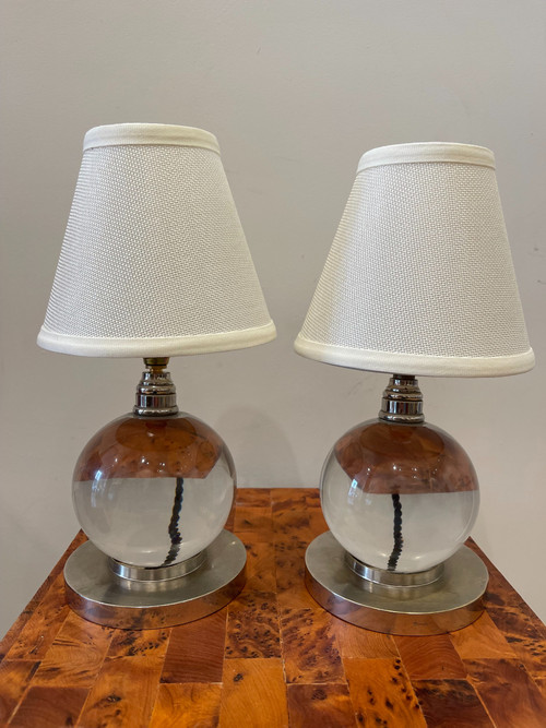  Coppia di lampade a sfera in cristallo, Jacques ADNET (1900-1984) per BACCARAT
