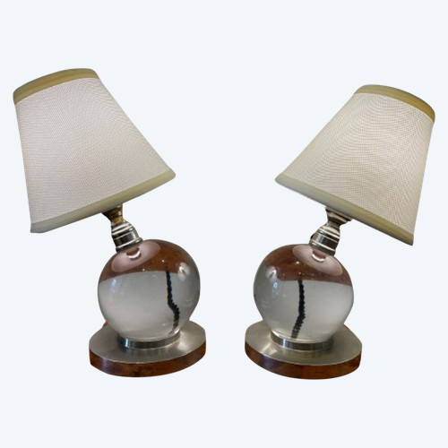  Coppia di lampade a sfera in cristallo, Jacques ADNET (1900-1984) per BACCARAT