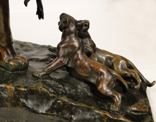 Auguste Cain Scultura in bronzo Leonessa e cuccioli Susse Frères Parigi XIX secolo