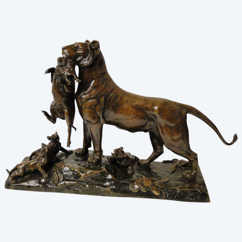 Auguste Cain Scultura in bronzo Leonessa e cuccioli Susse Frères Parigi XIX secolo
