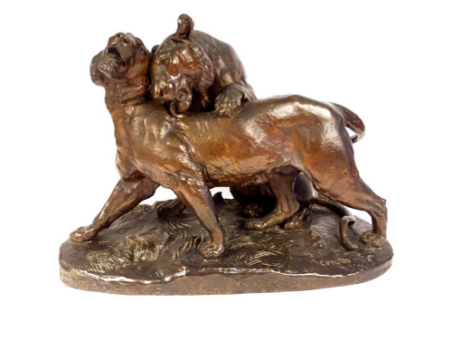 Grande scultura in bronzo di Charles Valton con due leonesse, scultore di animali, XIX secolo