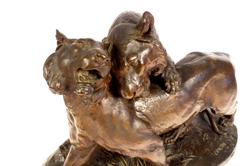 Grande scultura in bronzo di Charles Valton con due leonesse, scultore di animali, XIX secolo