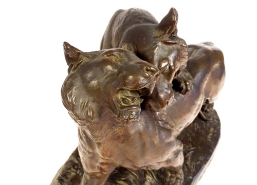 Grande scultura in bronzo di Charles Valton con due leonesse, scultore di animali, XIX secolo