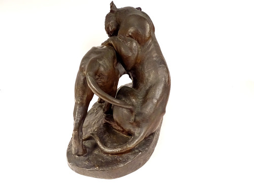 Grande scultura in bronzo di Charles Valton con due leonesse, scultore di animali, XIX secolo
