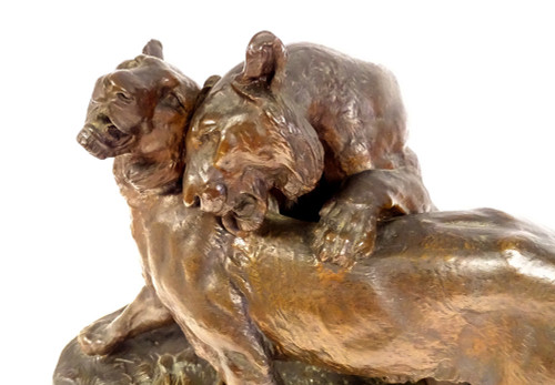 Grande scultura in bronzo di Charles Valton con due leonesse, scultore di animali, XIX secolo