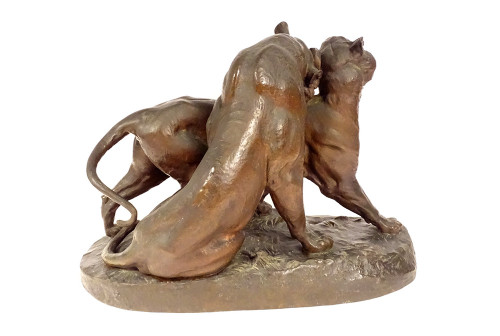 Grande scultura in bronzo di Charles Valton con due leonesse, scultore di animali, XIX secolo