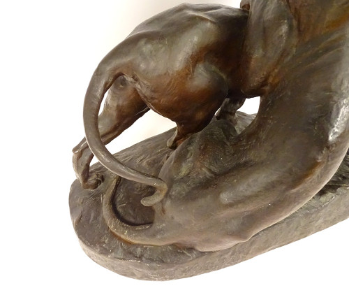 Grande scultura in bronzo di Charles Valton con due leonesse, scultore di animali, XIX secolo