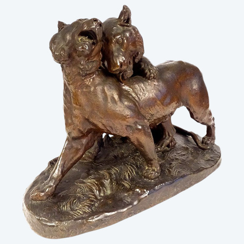 Grande scultura in bronzo di Charles Valton con due leonesse, scultore di animali, XIX secolo