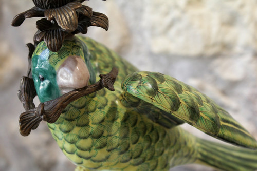 Pair of earthenware parrots forming torches with bronze mounts 20th century