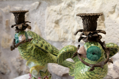 Pair of earthenware parrots forming torches with bronze mounts 20th century