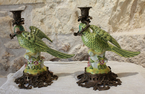 Pair of earthenware parrots forming torches with bronze mounts 20th century