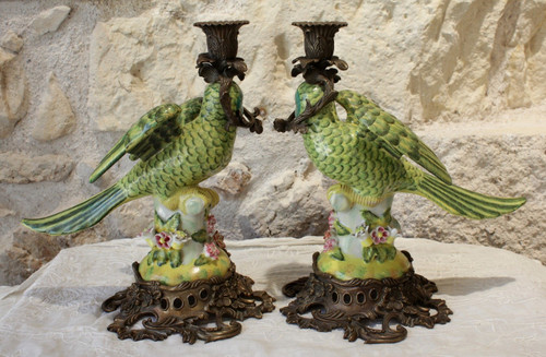 Pair of earthenware parrots forming torches with bronze mounts 20th century
