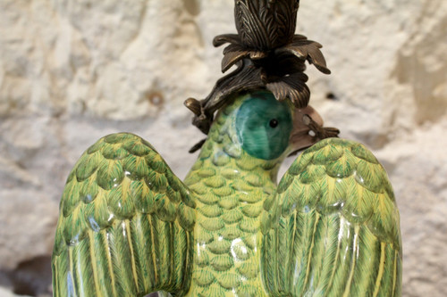 Pair of earthenware parrots forming torches with bronze mounts 20th century