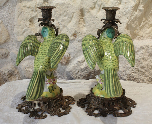 Pair of earthenware parrots forming torches with bronze mounts 20th century