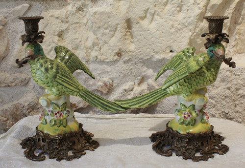 Pair of earthenware parrots forming torches with bronze mounts 20th century