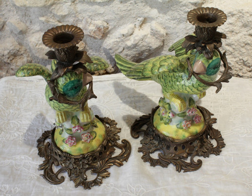 Pair of earthenware parrots forming torches with bronze mounts 20th century