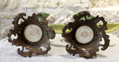 Pair of earthenware parrots forming torches with bronze mounts 20th century