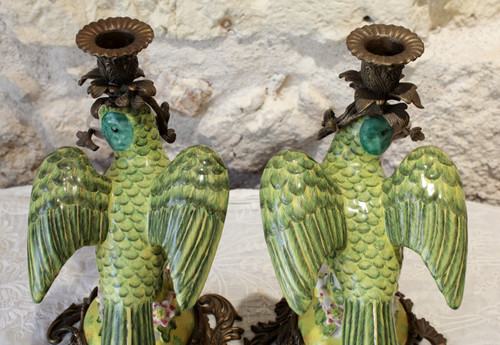 Pair of earthenware parrots forming torches with bronze mounts 20th century