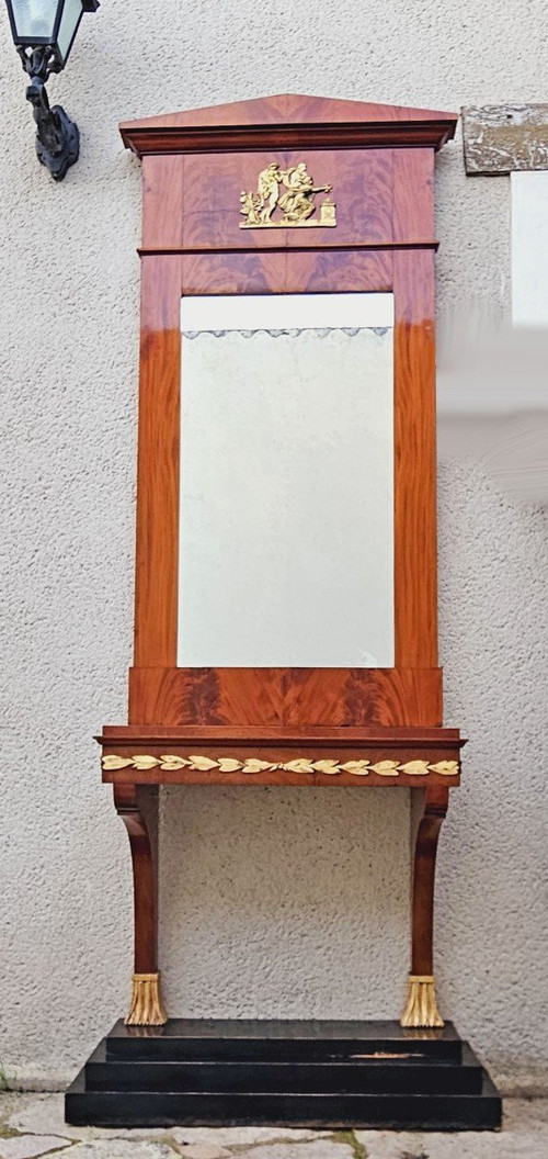 Console e trumeau in mogano e legno dorato stile Impero, circa 1850