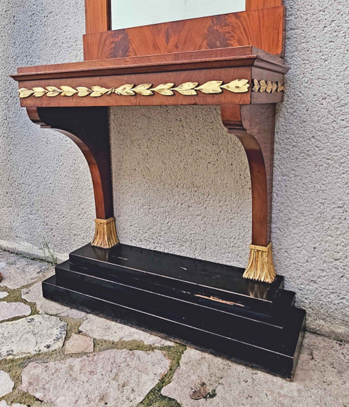 Console e trumeau in mogano e legno dorato stile Impero, circa 1850
