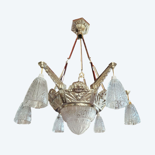 Lampadario Art Déco di grandi dimensioni a 7 luci in metallo cromato e vetro satinato
